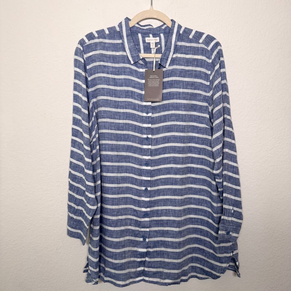 Garnet Hill Women 100% Linen Button Shirt Top Size L Petite Striped Coastal Blue